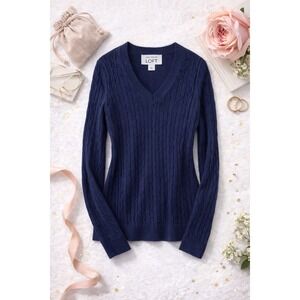 ANN TAYLOR LOFT Navy Blue Cable Knit V Neck Sweater Size XL